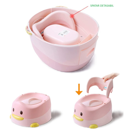 Olita pentru Copii, Cyrax, +6 luni, Detasabila, cu Capac, Antiderapanta, din Plastic, Colac Moale, Model Ratusca, 38x32x30 cm. Roz