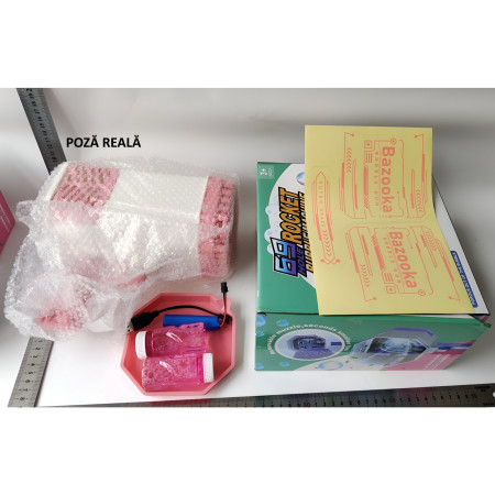 Pistol pentru Baloane de Sapun, Cyrax, 69 de Gauri, Lumini Colorate, Tavita, Lichid, Baterie de Li, Cablu de Incarcare, 24cm x 14cm x 24cm, Roz