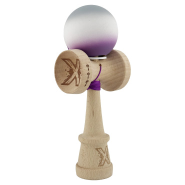 Kendama X Originala, Profesionala, Cyrax, Rubber Grip, Cupe Mari KING SIZE V3, Gaura in Baza, Rulment Metalic, din lemn 18 cm, Ata 62/65 cm, Gradient Gri/Alb/Mov