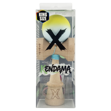 Kendama X Originala, Profesionala, Cyrax, Rubber Grip, Cupe Mari KING SIZE V3, Gaura in Baza, Rulment Metalic, din lemn 18 cm, Ata 62/65 cm, Gradient Galben/Verde deschis