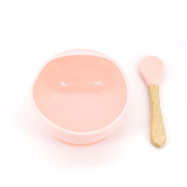 Set 2 piese diversificare bebelusi si copii din silicon Cyrax, bol cu ventuza, lingurita din lemn si silicon, pentru gustari, fara alergeni, roz