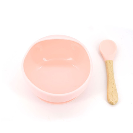 Set 2 piese diversificare bebelusi si copii din silicon Cyrax, bol cu ventuza, lingurita din lemn si silicon, pentru gustari, fara alergeni, roz