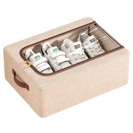 Cutie Depozitare cu Cadru Metalic,  pentru Incaltaminte, Haine, Lingerie, Fermoar Calitativ, Fereastra Transparenta, Manere Laterale, 40 x 30 x 15 cm Bej