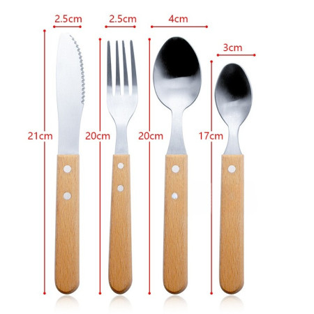 Set 4 tacamuri pentru masa Cyrax, otel 304, lingura, lingurita desert, cutit, furculita, maner din lemn de fag, 20 x 4 x 2 cm, gri