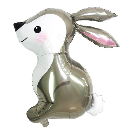 Balon din Folie Metalizata, Cyrax, Ambalaj Individual, Pai Inclus, Model Iepure, Tema Animalute, 56x73 cm, Umflare cu Aer sau Heliu, Gri