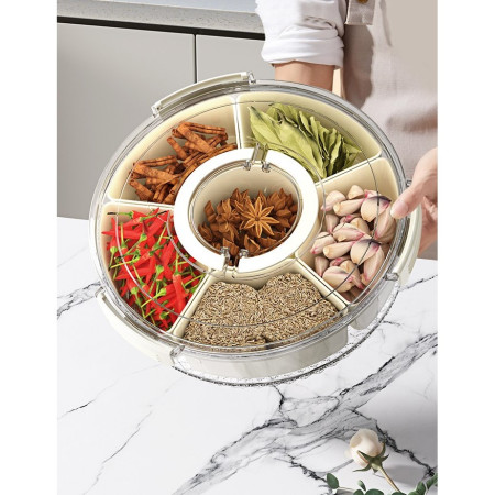 Cutie de Depozitare pentru Alimente, Cyrax, cu 6 Compartimente, pentru Condimente, Fructe, Legume, cu Manere de Prindere, Rotativa 360 de Grade, Inchidere Ermetica, 32x10 cm, Alba