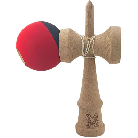 Kendama X Originala, Profesionala, Cyrax, 18 cm, din Lemn, Rubber Grip, Rosu/Negru