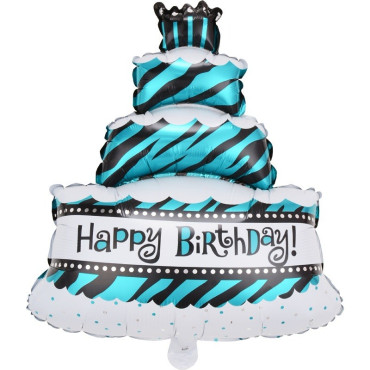 Balon din Folie Metalizata, Cyrax, Model Tort cu 4 Straturi, Balon Aniversar, Model Happy Birthday, 62x43 cm, Ambalaj Individual, Pai inclus,  Umflare cu Aer sau Heliu, Albastru