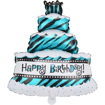 Balon din Folie Metalizata, Cyrax, Model Tort cu 4 Straturi, Balon Aniversar, Model Happy Birthday, 62x43 cm, Ambalaj Individual, Pai inclus,  Umflare cu Aer sau Heliu, Albastru