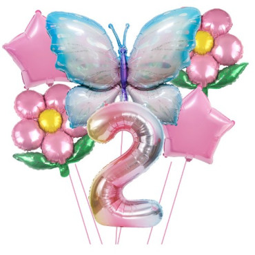 Cyrax Set baloane aniversare cu numere, din folie de aluminiu, 6 piese, 2 flori, 2 stelute, 1 fluture, 1 cifra, Multicolor, Cifra 2