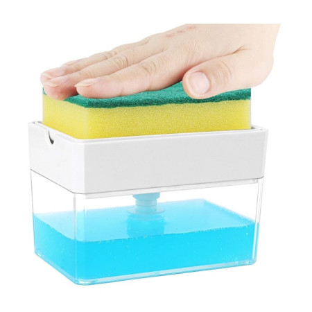 Dozator Cyrax, Dispenser 2 in 1 pentru Detergent Lichid de Vase sau pentru Obiecte Sanitare cu Suport pentru Burete de Bucatarie ,14 x 10.5 x 10 cm, capacitate 380 ml, alb
