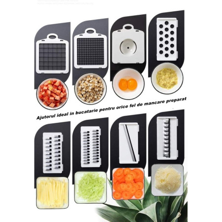 Feliator Multifunctional, Cyrax, Razatoare, 8 in 1, pentru Fructe si Legume, 10 Piese, Lame de Inox, Recipient Stocare, Separator Oua, Protectie Mana, ABS, 32.2x11.3 cm, Albastru/Alb