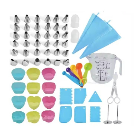 Set 63 Piese Ustensile pentru Ornare Prajituri, Cyrax, din Plastic si Otel Inoxidabil, Forme Briose, Multicolor