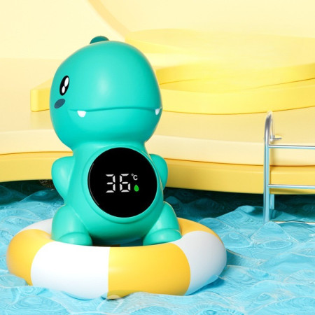 Cyrax Termometru Electronic LED pentru Baie, Plutitor, Rezistent la apă, IPX7, Multifunctional, 3 Trepte de Temperatura, Model Dinozaur, 12x7cm, Verde