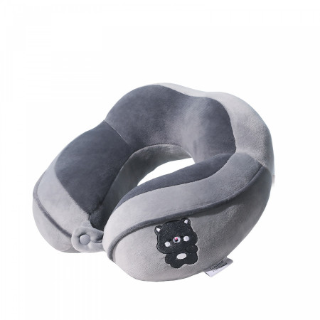 Perna de Calatorie,  Pentru Gat si Cap, Umplutura din Bumbac, 28x28x10 cm, cu Model Brodat Urs, Gri
