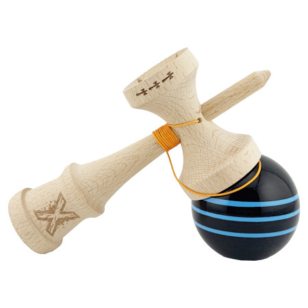 Kendama X Originala, Profesionala, Cyrax, Big Cups V2, Super Sticky Legendary Cupe Mari, Rulment Metalic cu Ata 55 cm, Negru/Linii Albastre deschise