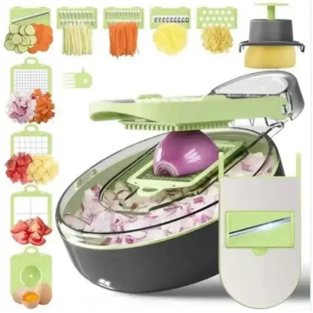 Feliator Multifunctional, Cyrax, Razatoare, 8 in 1, pentru Fructe si Legume, 12 Piese, Lame de Inox, Recipient Stocare, Separator Oua, Protectie Mana, ABS, Gri/Verde, 29.5x9x21.8 cm