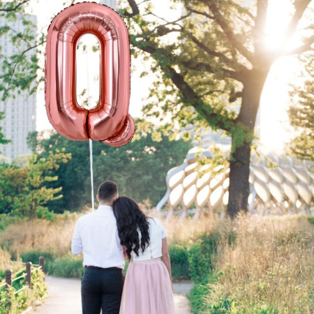 Balon Folie Metalizata Litera Q, Cyrax, 80 cm, Umflati cu Heliu sau Aer, Ambalaj Individual, Pai inclus, Rose Gold