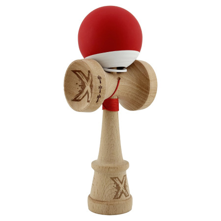 Kendama X Originala, Profesionala, Cyrax, Rubber Grip, Cupe Mari KING SIZE V3, Gaura in Baza, Rulment Metalic, din lemn 18 cm, Ata 62/65 cm, Bicolor Rosu/Alb