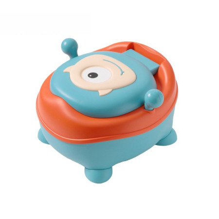 Olita pentru Copii, Cyrax, +6 luni, Compartiment Detasabil, cu Capac, Antiderapanta, din Plastic, Colac Moale, Model Animat Ciclop, cu Maner, 33 x 21 x 45 cm, Albastru/Portocaliu