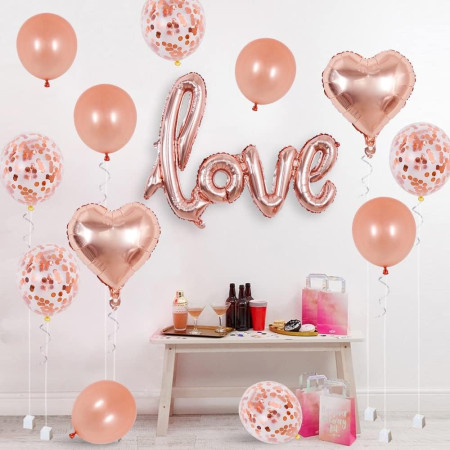 Balon din Folie Metalizata, Cyrax, Model Love scris de mana, 102x65 cm, Tematica Ziua Îndrăgostiților, Ambalaj Individual, Pai Inclus, Umflare cu Aer sau Heliu, Rose Gold
