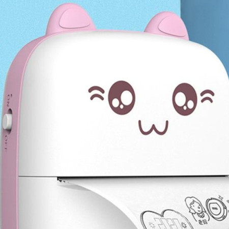 Set Mini Imprimanta Foto Portabila, Cyrax, Include: 1x Set de Markere, 5x Role de Hartie Termica, 5x Role Hartie Adeziva, Incarcare USB, Bluetooth, Print Alb-Negru, Model Ursulet, Alb/Roz