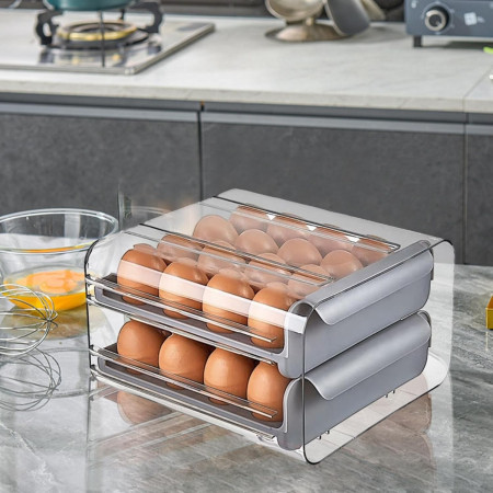 Suport pentru Oua, Cyrax, Strat Dublu, Capacitate 32 de Oua,  23.5x21.5 cm, din Plastic, Gri