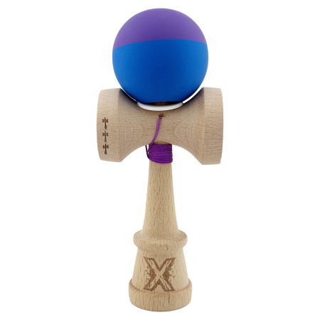 Kendama X Originala, Profesionala, Cyrax, Rubber Grip, Cupe Mari KING SIZE V3, Gaura in Baza, Rulment Metalic, din lemn 18 cm, Ata 62/65 cm, Bicolor Mov/Albastru
