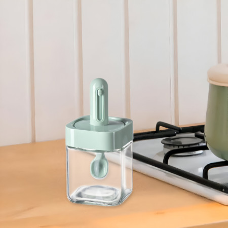 Recipient pentru Depozitarea Condimentelor, Cyrax, Borcan din Sticla, Capac si Lingura Incorporate, Uz Casnic, 300 ml, 7.1x7.1x14.8 cm, Verde