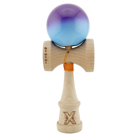 Kendama X Originala, Profesionala, Cyrax, Big Cups V2, Super Sticky cu Cupe Mari, din lemn 18 cm, Rulment Metalic cu Ata 55 cm, Mov/Albastru