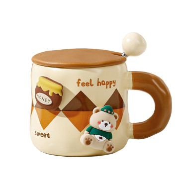 Cana din Ceramica, Cyrax, Model Urs pentru Baieti, Cana Universala, Cana pentru Ceai, Cana cu Lingura Metalica si Capac, 9.6 x 9.5 x 9.5 cm, 400 ml Crem