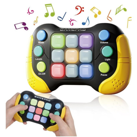 Jucarie Interactiva Cyrax, Tip Consola Pop It, 6 butoane functionale, 5 Moduri de Joc, 600 Niveluri, + 3 ani, Galben/Negru