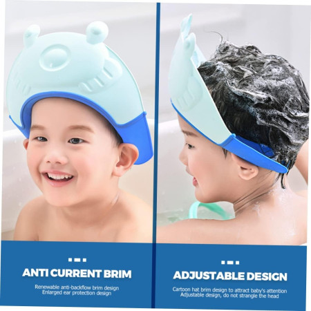 Cyrax Viziera de Protectie Baie Pentru Copii, Fippy, Model Broasca, Dimensiune ajustabila, Durabil, Usor de curatat, Impotriva Samponului, pentru Ochi si Urechi, TPE+PP, 24x23 cm, Albastru