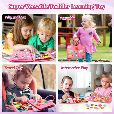 Carte Senzoriala Educativa Montessori 7in1, Cyrax, 26 de Activitati, Dezvoltare Abilitati Motorii, 4 Pagini, Model Dinozauri, 28x22x7 cm, Roz