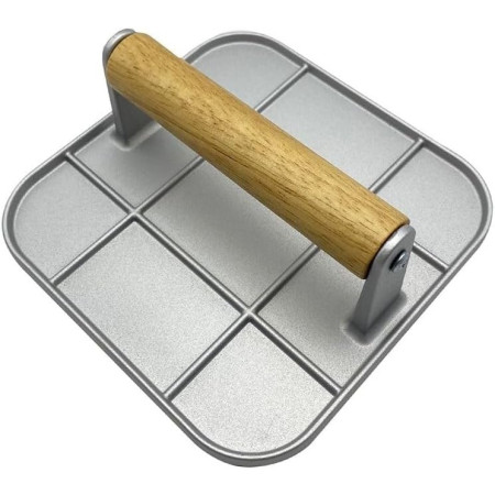 Presa Manuala pentru Carne, Cyrax, din Aliaj de Aluminiu, Maner din Lemn, Presa pentru Burgeri, Usor de Curatat si Folosit, Patrata, 16x16x6 cm, Gri