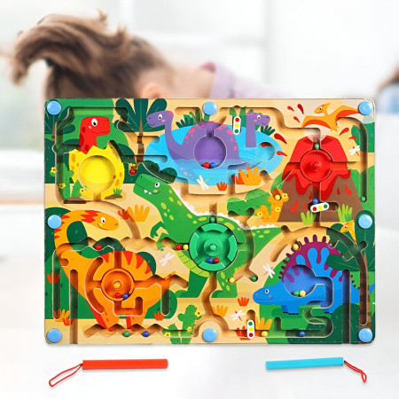 Joc Montessori de Sortare Culori, Cyrax, Creion Magnetic, Tip Labirint Ilustrat, din Lemn, Model Dinozauri, 39x29x1.5 cm