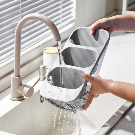 Suport - Organizator pentru Tacamuri, Cyrax, 3 Compartimente, Suport pentru Cosmetica, Ustensile, Material PP Durabil, 33 x 16 x 15 cm Gri