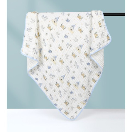 Prosop de baie din bumbac si tifon pentru Bebelusi, Cyrax, cu Sase Straturi, pentru Copii, 110x110 cm, Model Unicorni, Bej Albastru