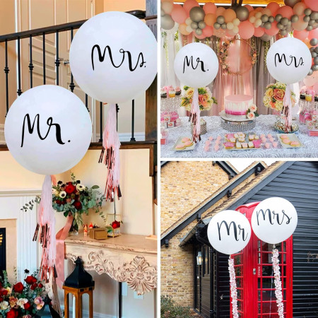 Set 2 Baloane din Latex, Cyrax, Tip Jumbo, Model Mr si Mrs, Tema Nunta, 45 cm, Alb