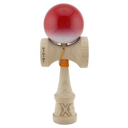 Kendama X Originala, Profesionala, Cyrax, Big Cups V2, Super Sticky cu Cupe Mari, din lemn 18 cm, Rulment Metalic cu Ata 55 cm, Gradient Rosu/Alb
