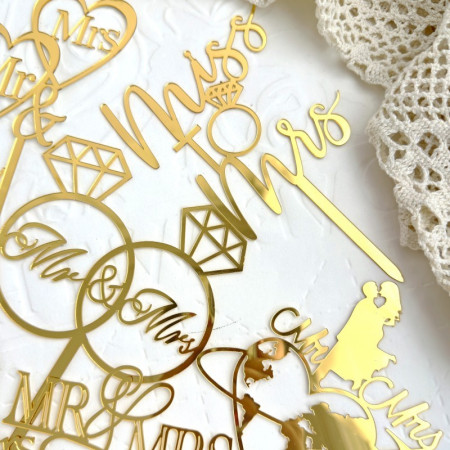 Decoratiune Topper pentru Tort, Cyrax, Model Inele Mr&Mrs, Tematica Nunta, 10 cm, Auriu