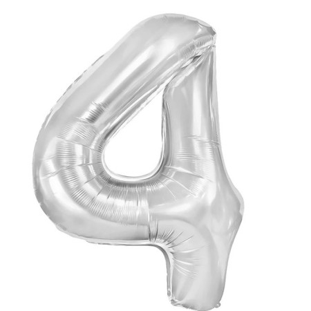 Balon din Folie Metalizata, Cyrax, Figurina Cifra, Tema Aniversare 40 cm, Ambalaj Individual, Pai inclus, Umflare cu Aer sau Heliu, Argintiu, Cifra 4