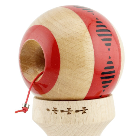 Kendama X Originala FREQUENCY, Profesionala, Cyrax, Cupe Mari KING SIZE V3, Super Sticky, Gaura in Baza, Rulment Metalic, din lemn 18 cm, Ata 55 cm, Rosu/Maro