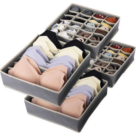 Cutie De Depozitare,  Pentru Lenjerie, Sosete Si Sutiene, Material Textil, 24 Compartimente, 32 x 32 x 10 cm, Culoare Gri