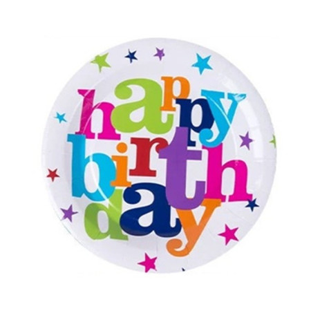 Set 6 Farfurii Unica Folosinta, Cyrax, Imprimeu Happy Birthday, din Carton, Diametru 23 cm, Multicolor