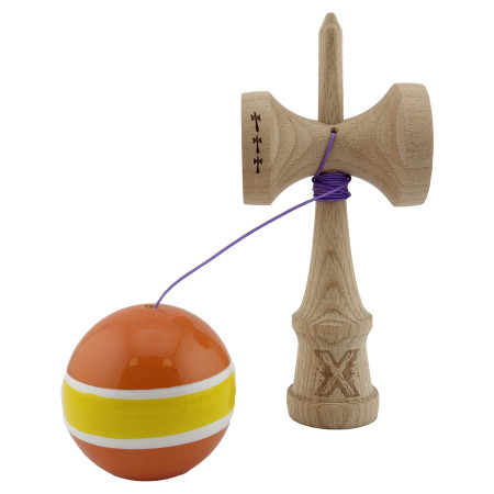 Kendama X Originala, Profesionala, Cyrax, Big Cups V2, Super Sticky Legendary Cupe Mari, Rulment Metalic cu Ata 55 cm, Portocaliu/Galben/Alb