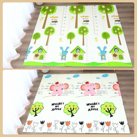 Covoras pentru Copii, Cyrax, cu 2 Fete, Model Elefantei/Padure, din XPE+PE, Impermeabil, Antiderapant, Protectie Termica, +3 Luni, Pliabil, 180 x 200 x 1.5 cm, Multicolor