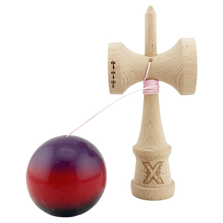 Kendama X Originala, Profesionala, Cyrax, Big Cups V2, Super Sticky Cupe Mari, Rulment Metalic cu Ata 55 cm, Mov/Rosu/Negru