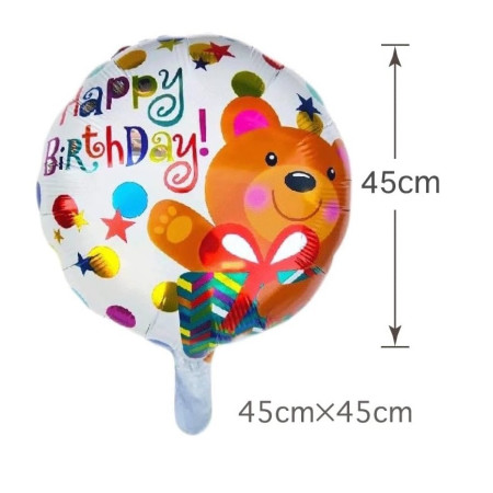 Balon din Folie Metalizata, Cyrax, Mini Figurina Rotunda, Model Happy Birthday Ursulet, Tema Aniversare, 45 cm, Ambalaj Individual, Pai inclus, Umflare cu Aer sau Heliu, Maro
