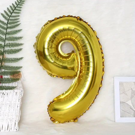 Balon din Folie Cyrax, Cifra 9, 81 cm, Pentru Aer sau Heliu, Bulk, Auriu